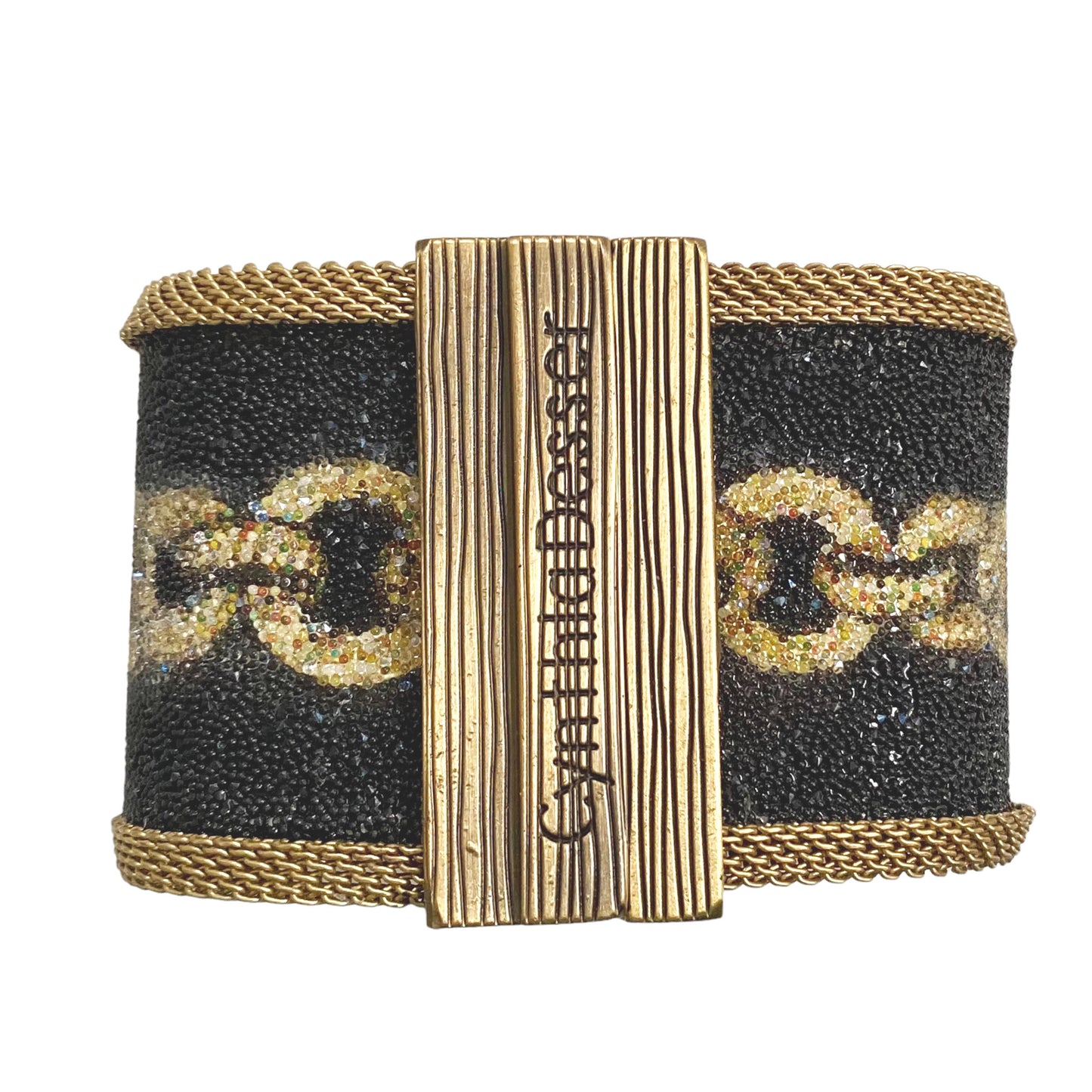 Shimmery Leopard head 'Pave Link' Cuff, Gold on Black