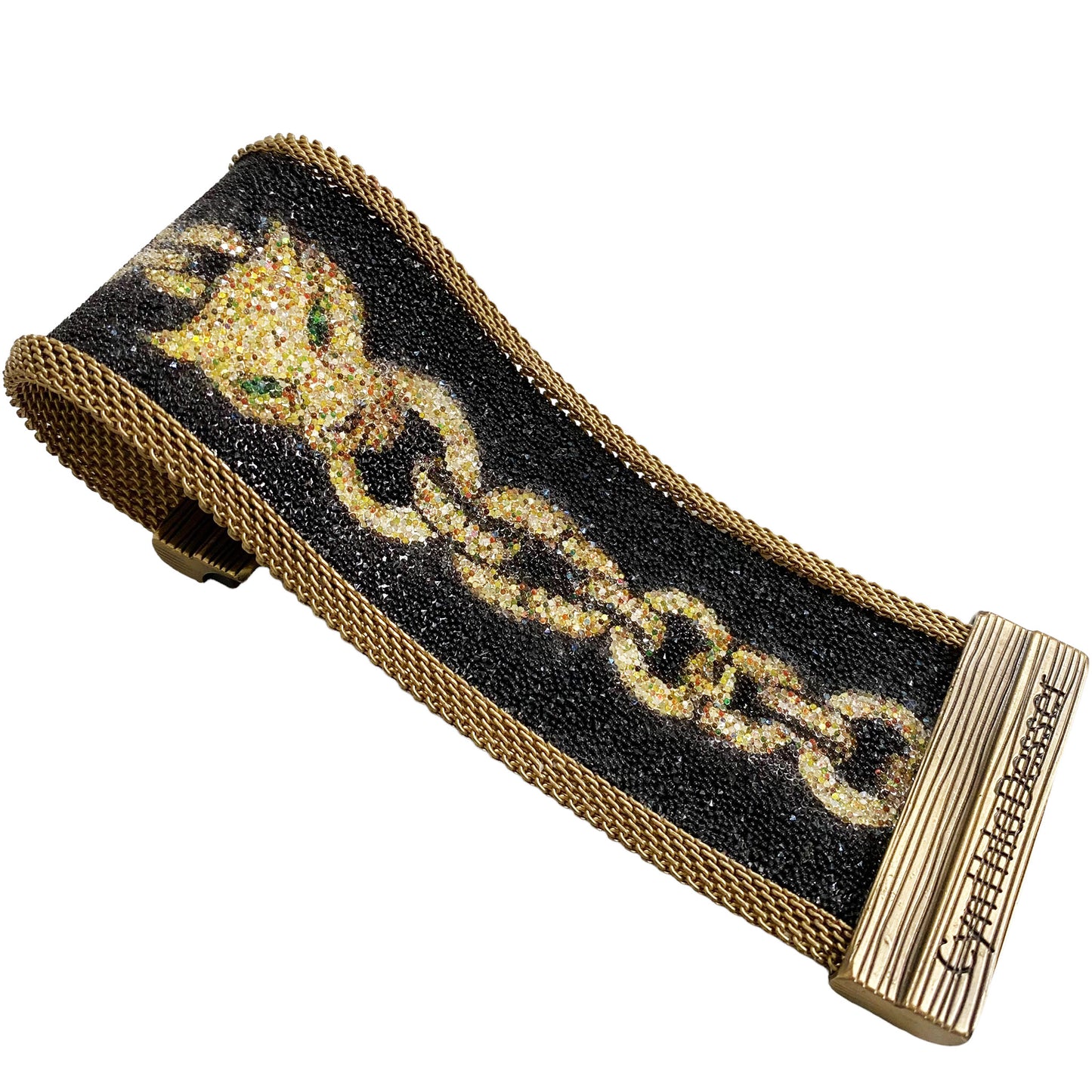 Shimmery Leopard head 'Pave Link' Cuff, Gold on Black