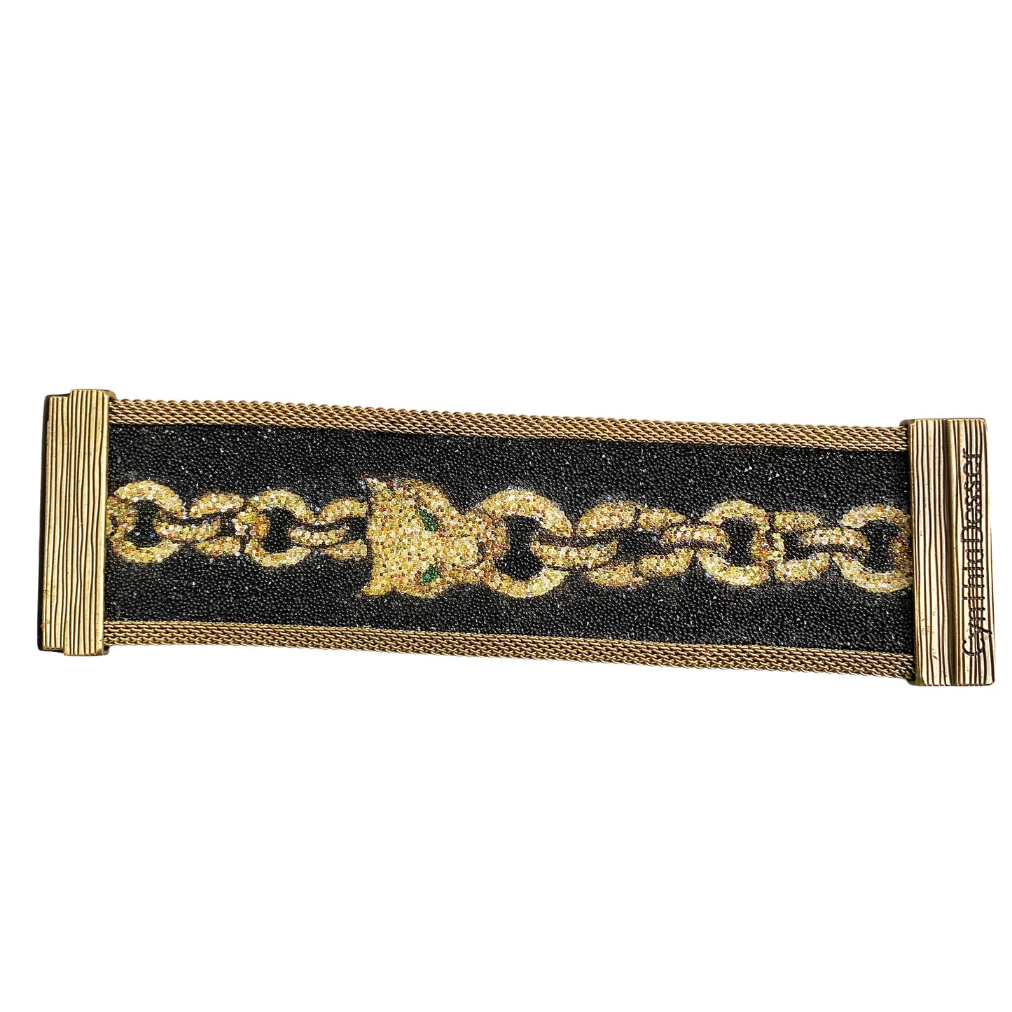 Shimmery Leopard head 'Pave Link' Cuff, Gold on Black
