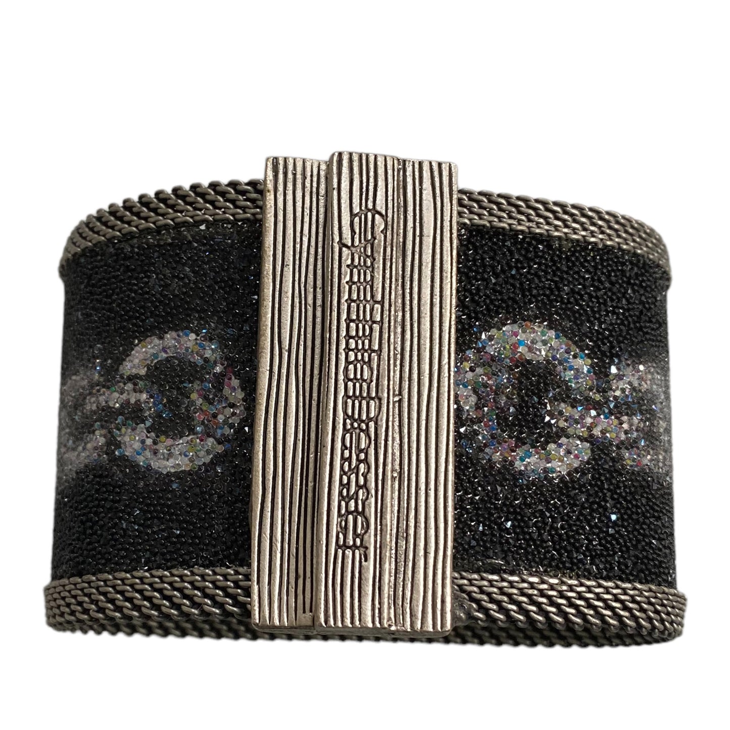 Shimmery Leopard head 'Pave Link' Cuff, White Gold on Black