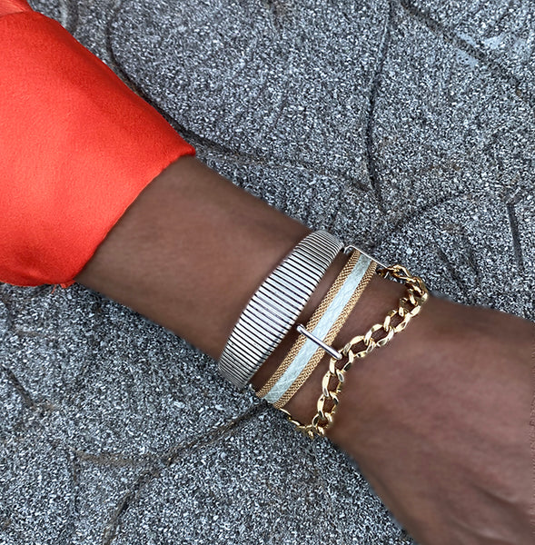 Triple Layer Mixed Textures Swingy Cuff in Soft Gold & Silver