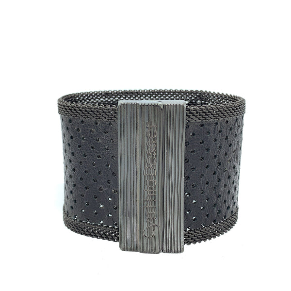 Men's Wide Black Perforated Leather Cuff