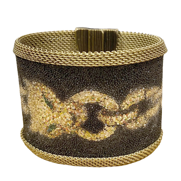 Shimmery Leopard head 'Pave Link' Cuff, Gold on Black