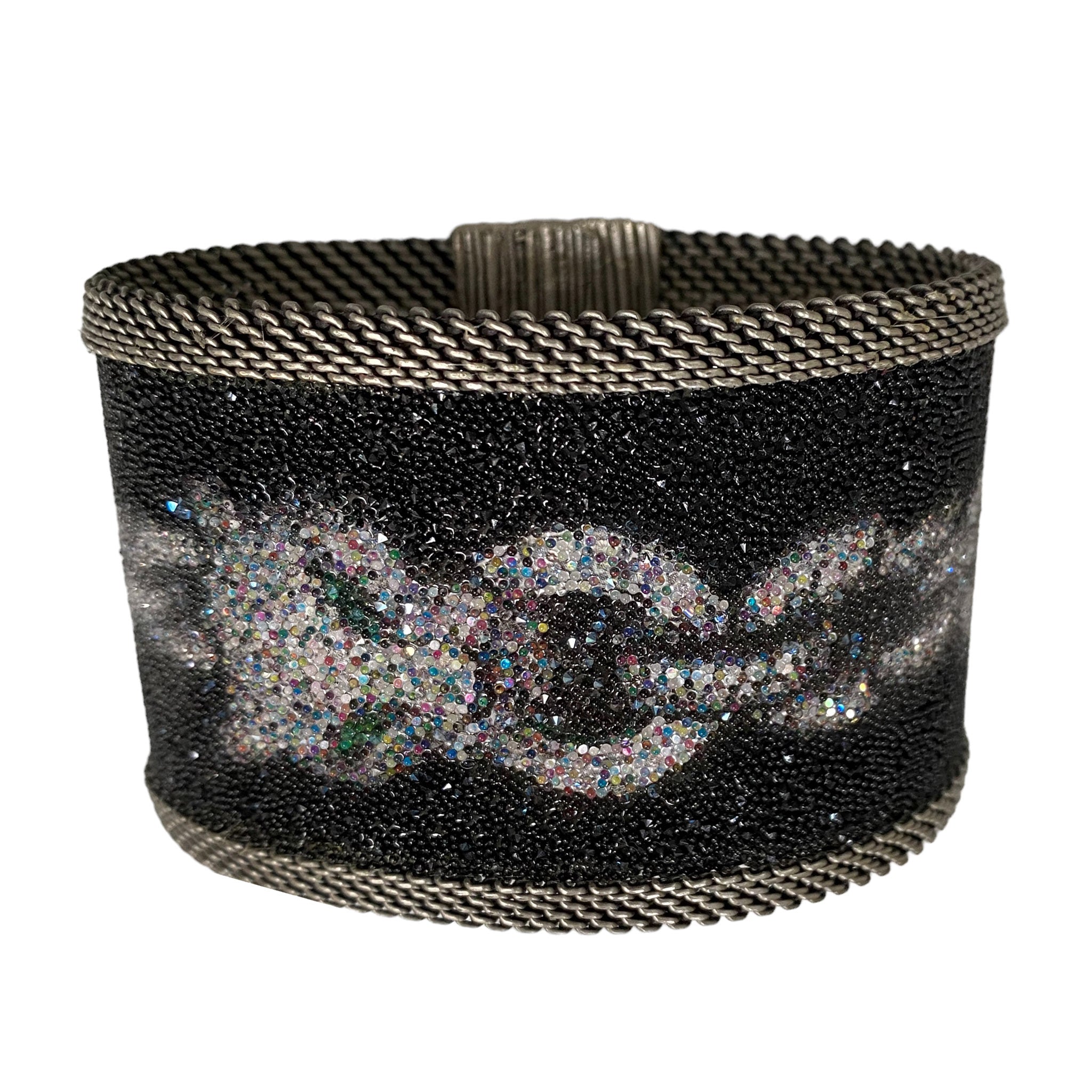 Shimmery Leopard head 'Pave Link' Cuff, White Gold on Black