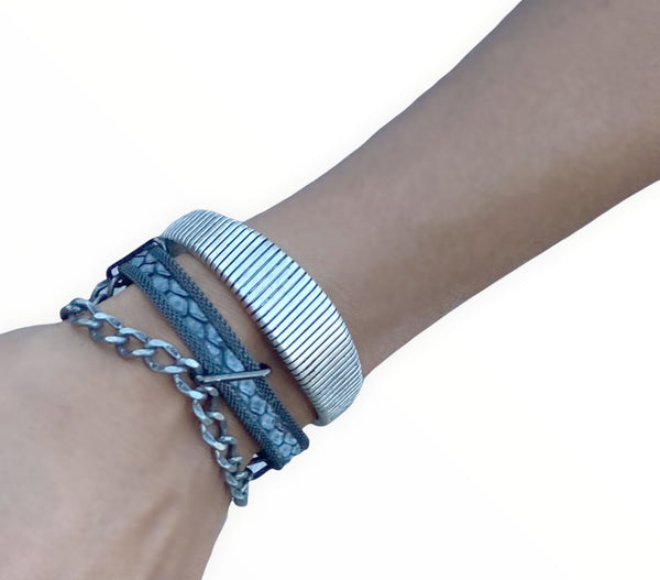 Triple Layer Mixed Textures Swingy Cuff in Silver Tones