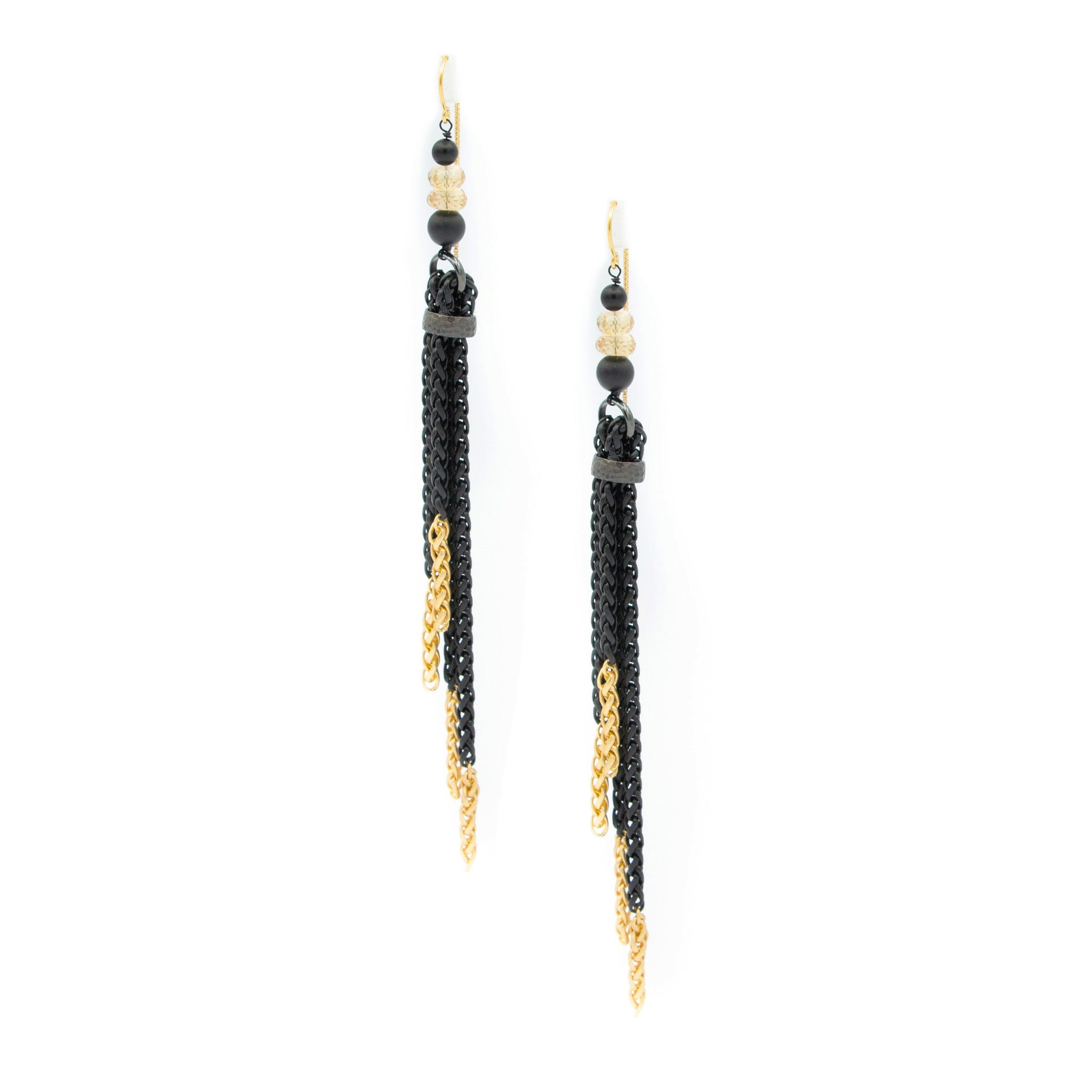 Citrine & Matte Black Agate 2 Tone Tassle Earrings